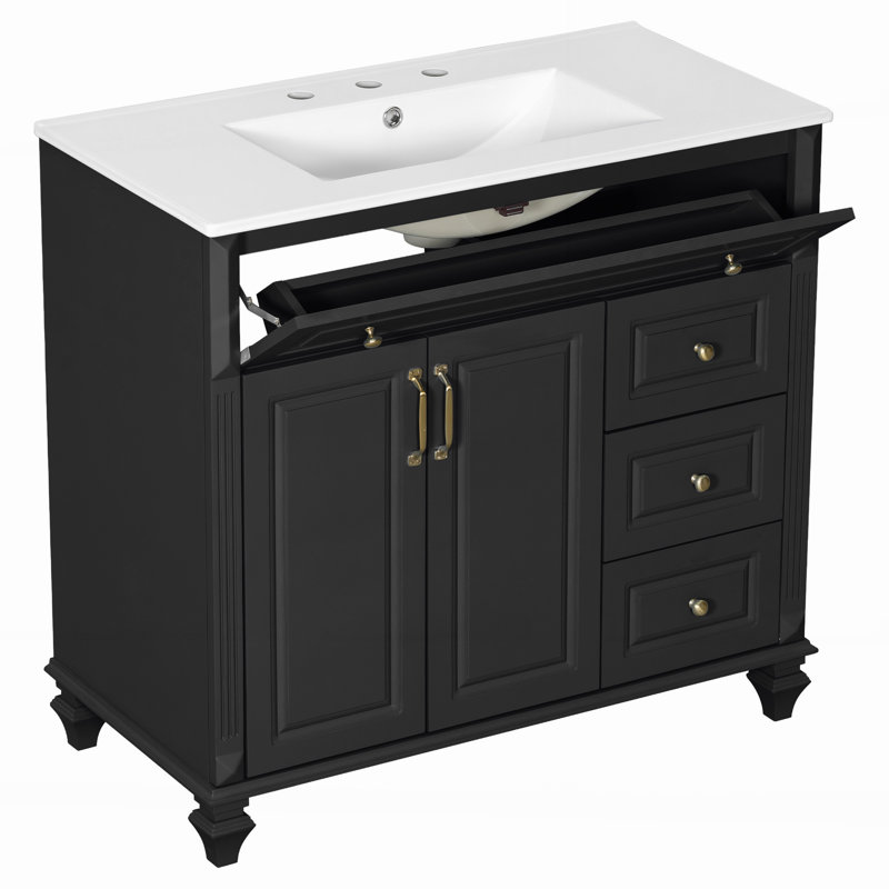 Meuble-lavabo de 36 pouces (91 cm) avec tiroir rabattable et poignées dorées, Black