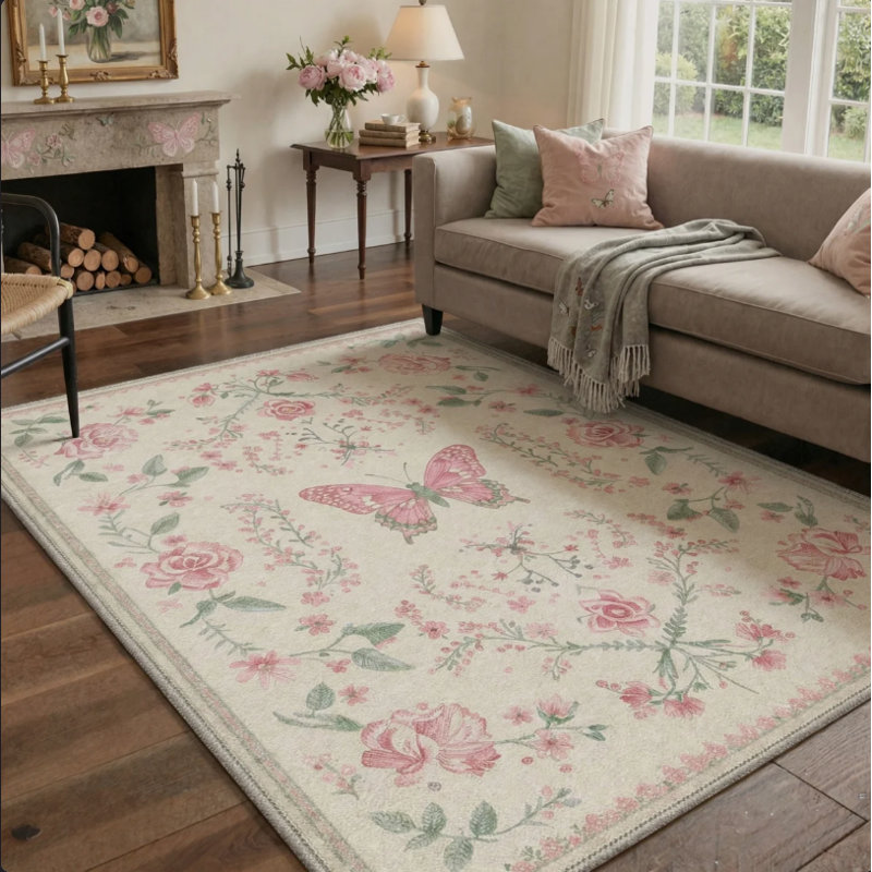 Tapis vintage à motifs floraux et papillons, lavable à la machine, rose poudré et vert pâle, antidérapant, pour salon ou chambre.