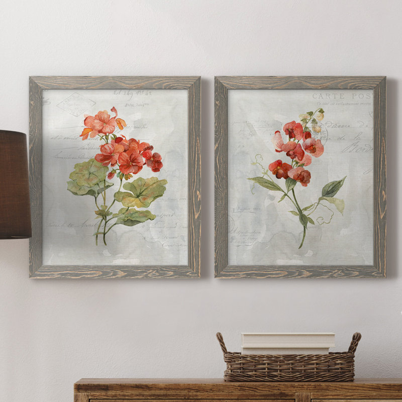 Lin géranium - ensemble de 2 reproductions d'art, H 20 po x l 17 po x P 1 po, Toile avec cadre gris, Pas de tapis