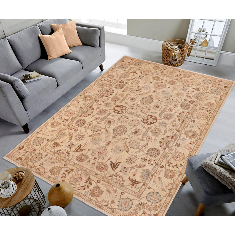 Tapis beige rectangulaire en laine noué à la main 9 pi 9 po x 13 pi 8 po Baccio