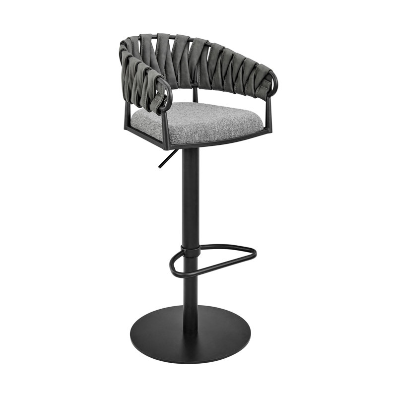 Tabouret de bar ou de bar pivotant réglable Blaise en métal noir avec tissu gris et similicuir