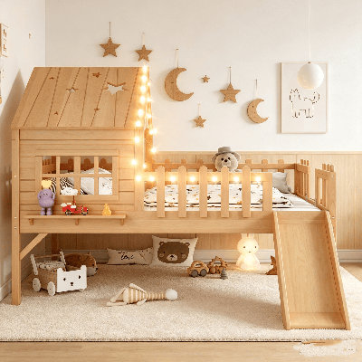 Lit mezzanine House, lit mezzanine en bois avec glissade, lumières DEL et fenêtre, lit maisonnette, lit d'enfant Playhouse, aucun sommier nécessaire, cadre de lit mezzanine Playhouse pour petite chambre d'enfant