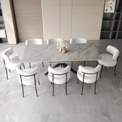 Ensemble de table de salle à manger extensible | 4 à 8 places assises | Grande table ronde avec dossier incurvé et chaises sans accoudoirs | Cuisine et salle à manger