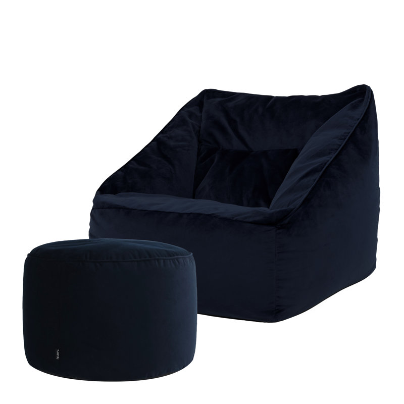 Natalia Velvet Armchair Bean Bag and Round Footstool, Midnight Blue