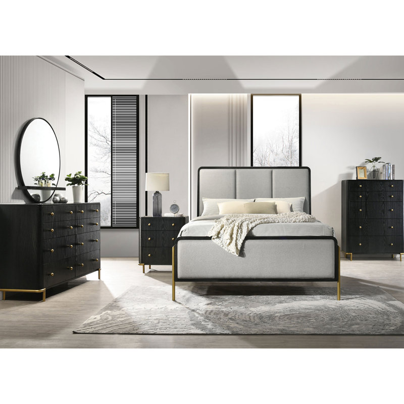 Grand lit Modern Modern Elegance avec des couleurs noires et grises, des pieds en métal, des lattes arrondies pour un cadre de panneau confortable pour la chambre à coucher, un revêtement gris, un support central à pattes dorées discrètes