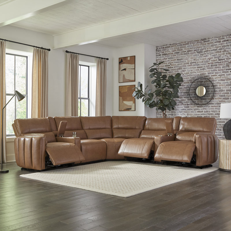 Canapé modulaire en cuir 7 pièces Lauretta Andan, Cuir grainé Sable