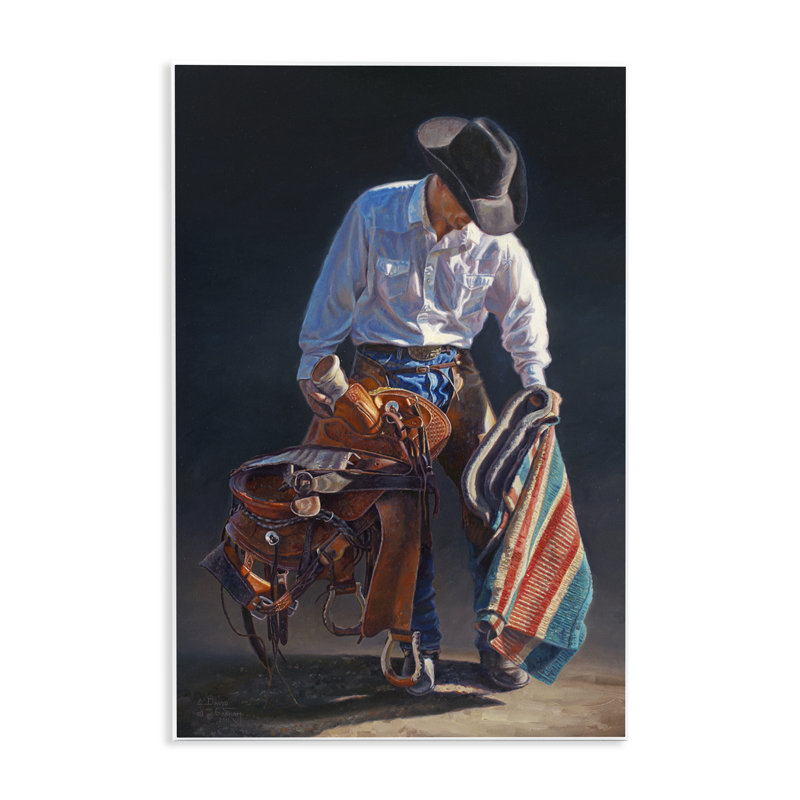 "Stoic Cowboy & Saddle", art mural par David Graham, H 19 po x l 13 po