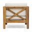 Chaise moderne du milieu du siècle : en bois avec coussins d'assise imperméables pour l'extérieur, revêtue de tissu d'ameublement.