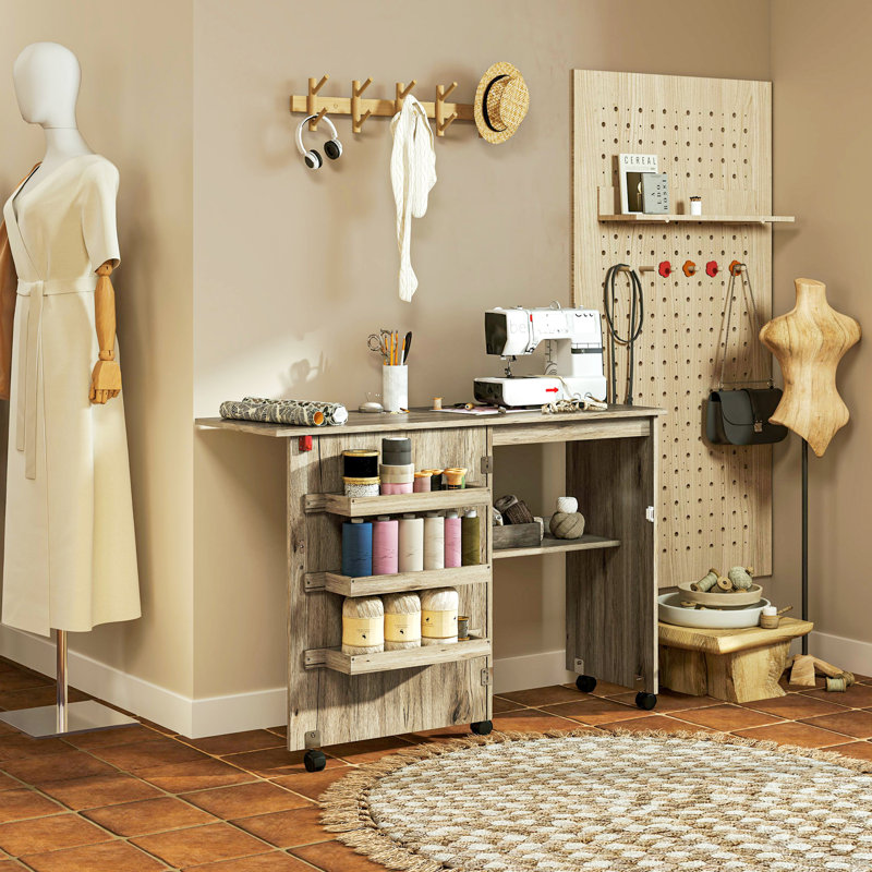 Machine à coudre pliante avec table et armoire mobile gris