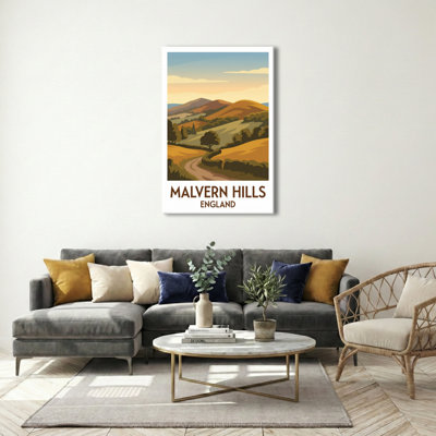 Malvern Hills, England - Romantic Countryside Poster Of Golden Ridges And Winding Trails. Giclee Print On Wrapped Canvas. Wall Art, Home Decor - Natural Landmarks, England - Wrapped Canvas Print