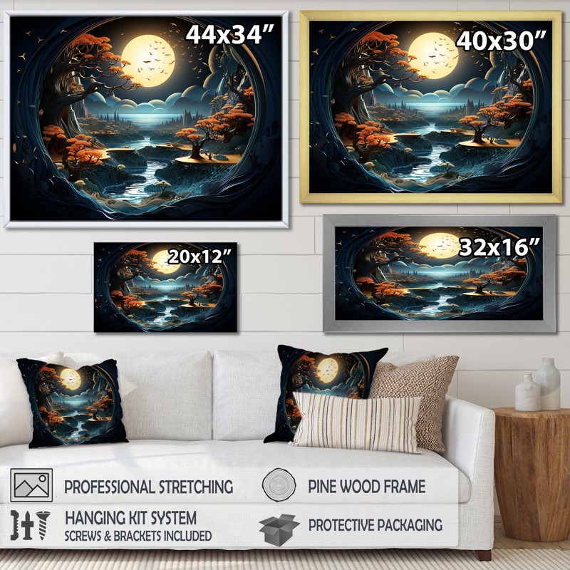 «Dreamy Moonlit Jungle II», art mural abstrait, Cadre doré à coins fermés, H 34 po x l 44 po x P 1,5 po