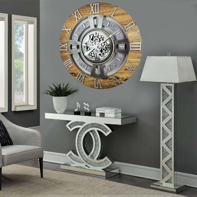 Oversized Wood and Stone Industrial Wall Clock with Real Moving Gears