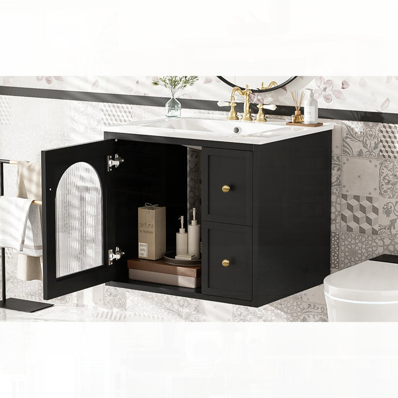 Meuble-lavabo mural avec tiroirs en céramique, Noir