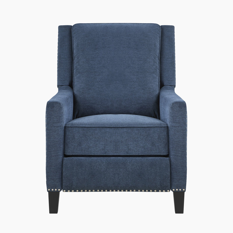 Chaise inclinable en tissu texturé à dossier poussé avec garniture cloutée et pieds en bois de 30 po Littzy, Polyester bleu