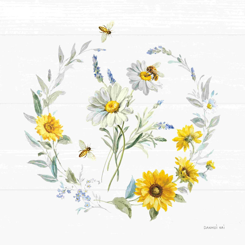 «Bees and Blooms Flowers II with Wreath», reproduction sur toile tendue, H 36 po x l 36 po