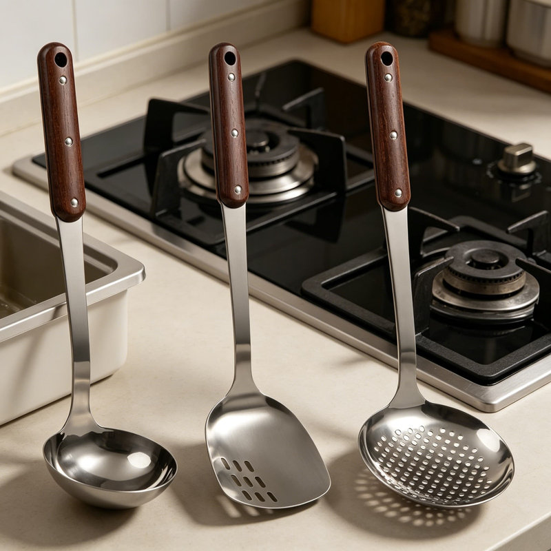 Ensemble de lèchefrite, louche et écumoire en acier inoxydable, ustensiles de cuisine polis miroir avec poignées en bois, accessoires de wok 3 pièces faciles à nettoyer