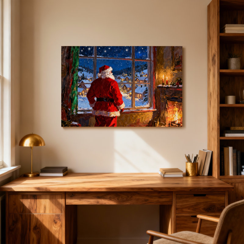 Noël père Noël regardant par la fenêtre au village enneigé, H 16 po x l 24 po
