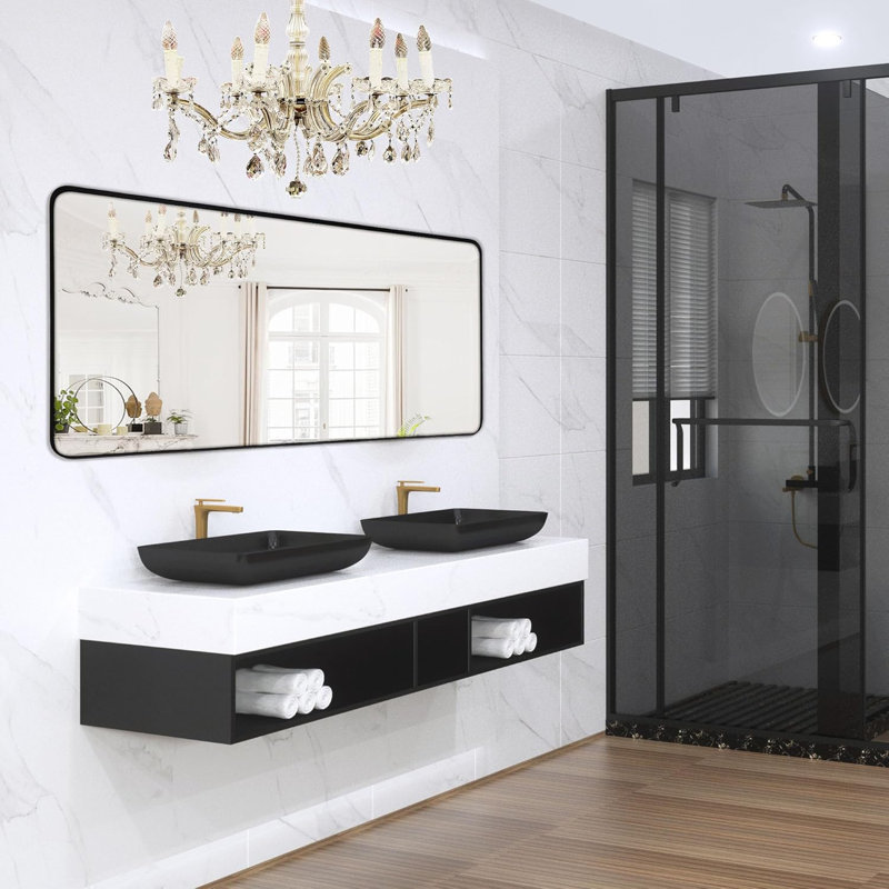 Miroir de salle de bain, 60 po x 28 po, Noir, Rectangulaire