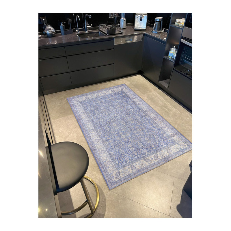 Tapis décoratif bleu à motif traditionnel lavable à la machine, Carré 3 pi 3 po 