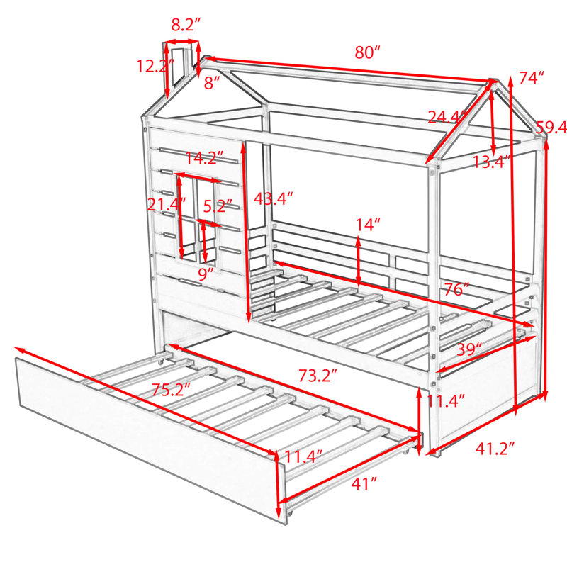 Anmol Twin Size House Bed Wood Platform Bed with Trundle, White