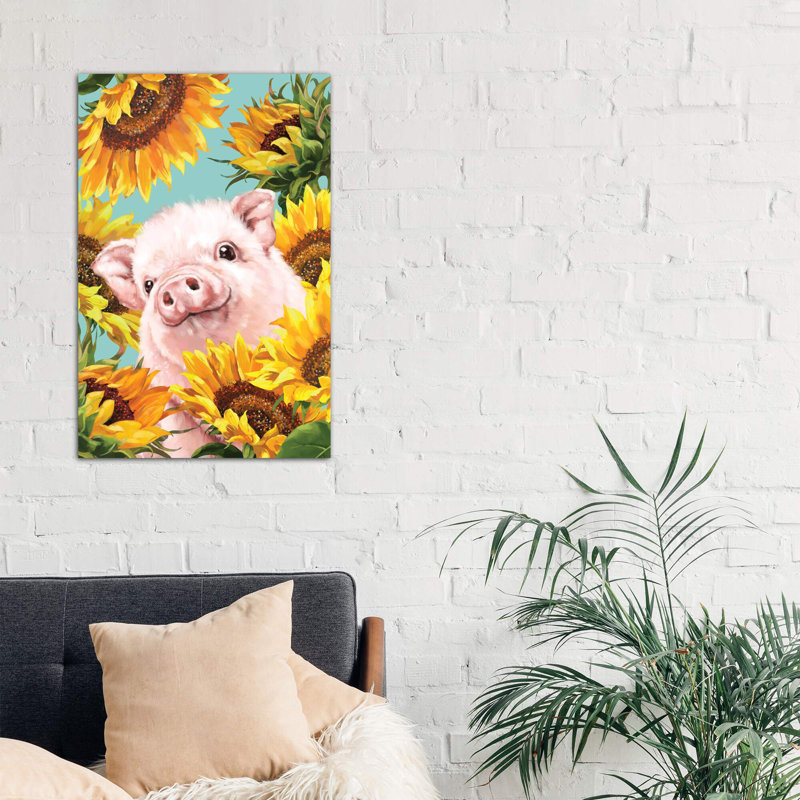 Baby Pig With Sunflower - Wrapped Canvas Print, 152.5 cm H x 101.5 cm W