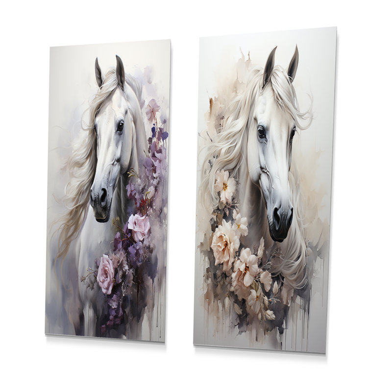 «Majestic Flower Beauty Horse», ensemble de 2 décorations murales cheval en métal, H 28 po x l 24 po