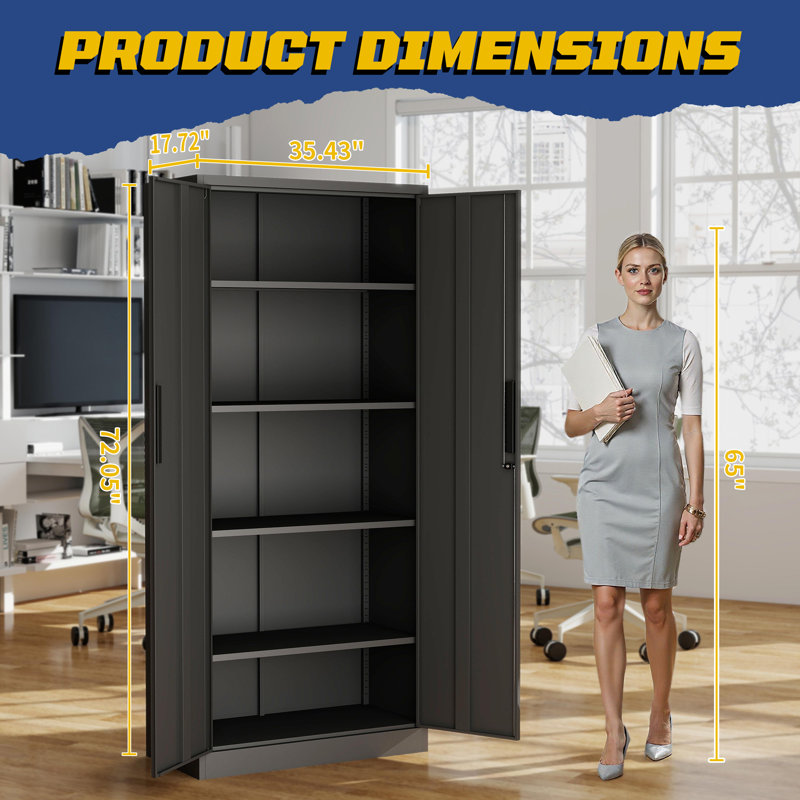 72" Heavy-Duty Metal Storage Cabinet with Lock - Black Garage Shelving Unit, No, 72"H x 35.4"W x 17.7"D