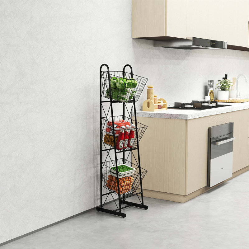 Organisateur de panier de cuisine autoportant en fil de métal à 3 niveaux pour les fruits, les légumes et les articles de garde-manger, peu encombrant et durable