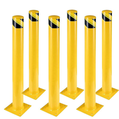 6 Pack 48 Inch Heavy Duty Steel Safety Bollard Posts, 4.5" Dia High Vis Yellow Barriers with Complete Anchor Bolts for Driveway Parking Lot Warehouse