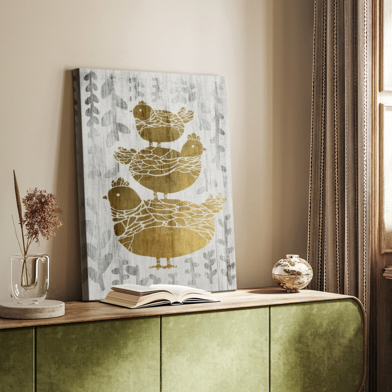 Trois poules françaises - Fête de la feuille d'or - galerie Cavas sur mesure, H 18 po x l 12 po