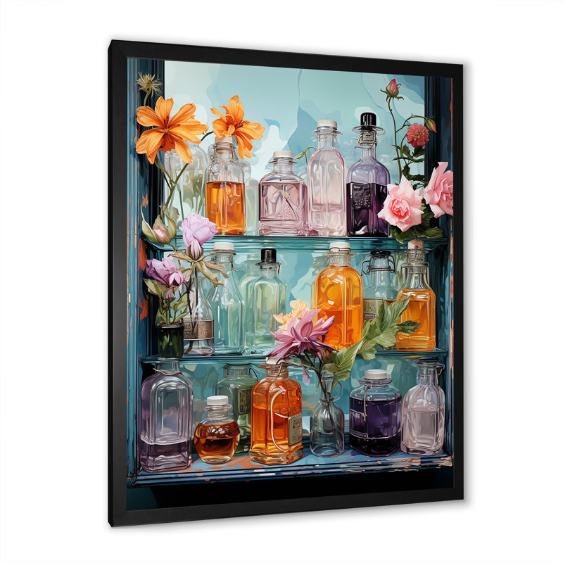 Articles de toilette, élixir de beauté II sur toile, Cadre photo noir, H 32 po x l 24 po x P 1 po
