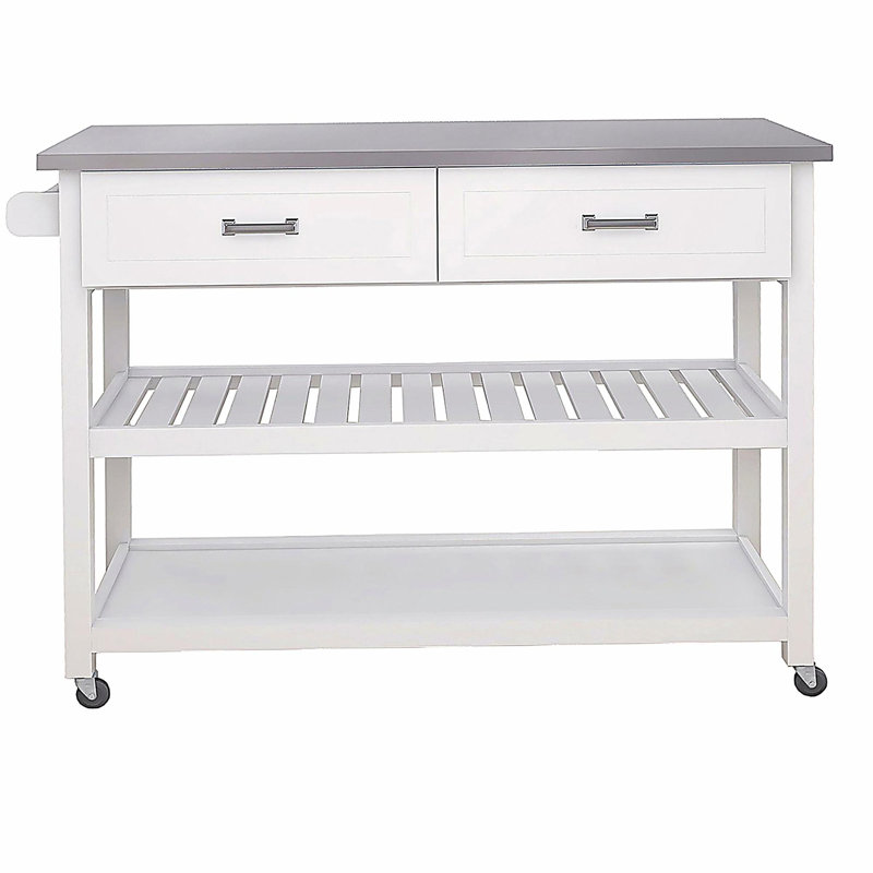 White stainless steel kitchen trolley with two drawers