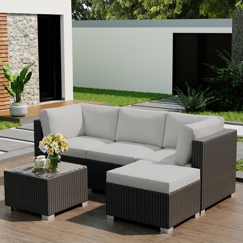 Canapé modulaire 5 pièces avec coussins pour balcon et jardin, Brun