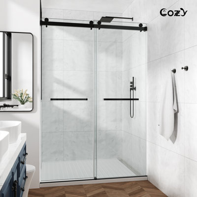 56-61" W X 76" H Frameless Double Sliding Shower Door with 3/8" (10mm) Clear Tempered Glass, Shatter-Resistant Film & Installation Hole Locator