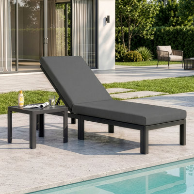 Outdoor Aluminum Chaise Lounge Chair with Side Table, 4" Cushion & 6-Position Adjustable Backrest, Rust-Resistant Poolside Recliner
