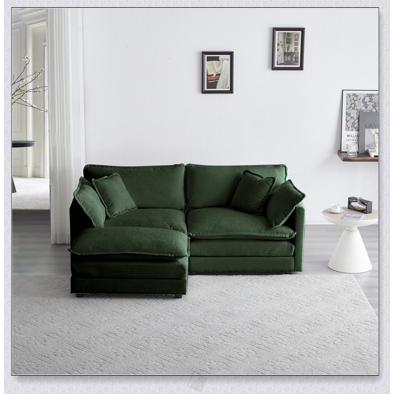 Canapé à deux places en chenille avec 1 repose-pieds, canapé modulaire en forme de L et repose-pieds, Vert