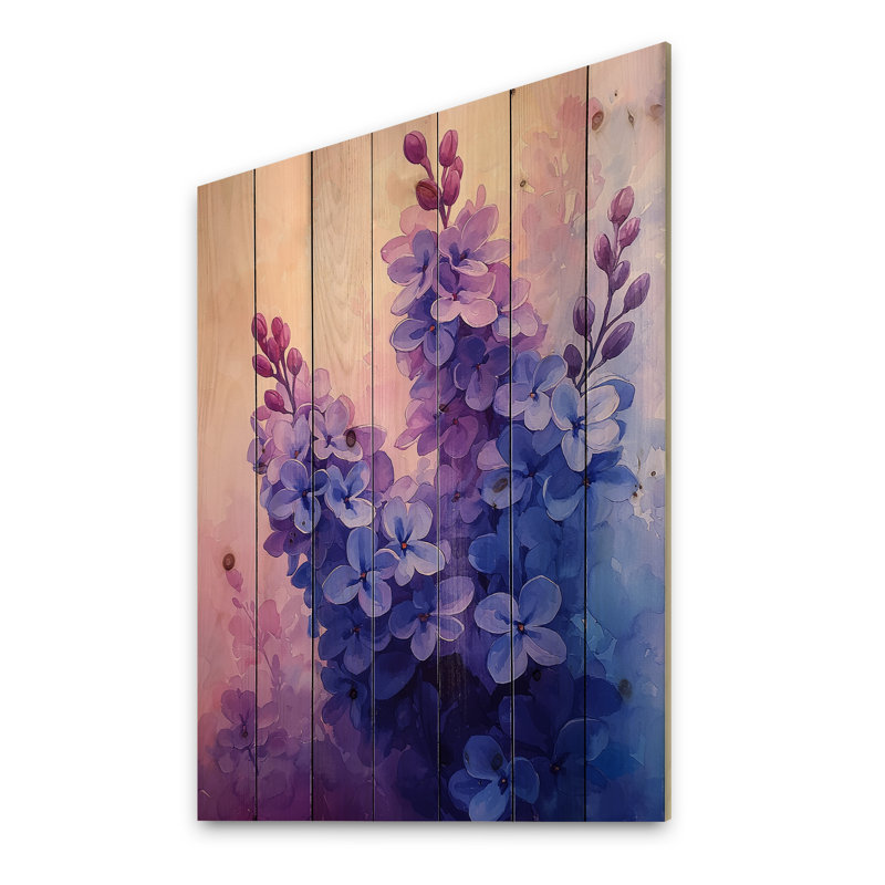 Lilas abstraits en fleurs bleues et mauves - Art mural en bois lilas - sur bois de pin naturel, H 32 po x l 24 po x P 0,78 po