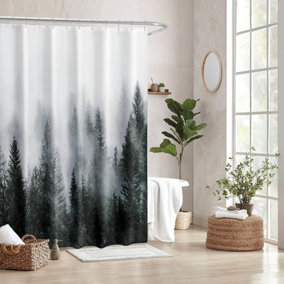 Dark Green Misty Forest Shower Curtain Set – Nature Woodland Pine Tree Bathroom Curtain with Hooks, Waterproof Fabric, Weighted Hem