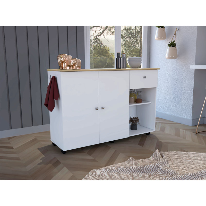 Chariot pour îlot de cuisine, six tiroirs, un tiroir, armoire à deux portes, deux tablettes extérieures, quatre tablettes intérieures, blanc / pin