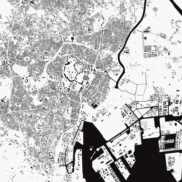 « tokyo », art sur toile tendue, Papier d'art encadré noir, Blanc, H 24 po x l 24 po x P 1 po