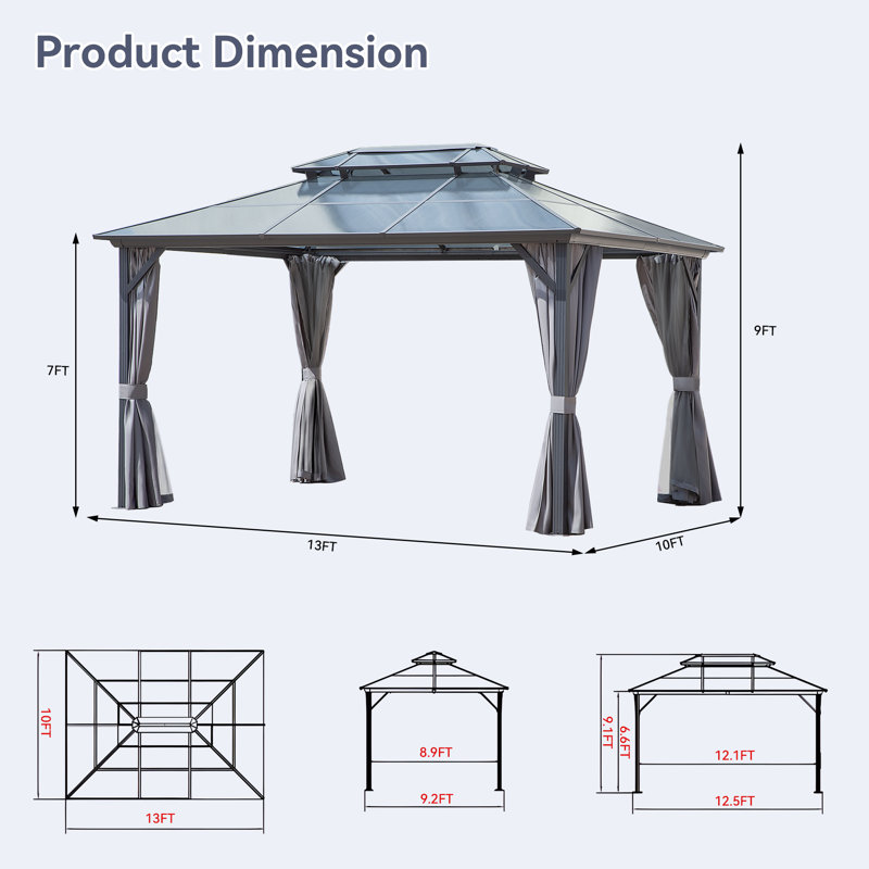 Gray 10x13ft Aluminum Hardtop Gazebo with Curtains and Netting