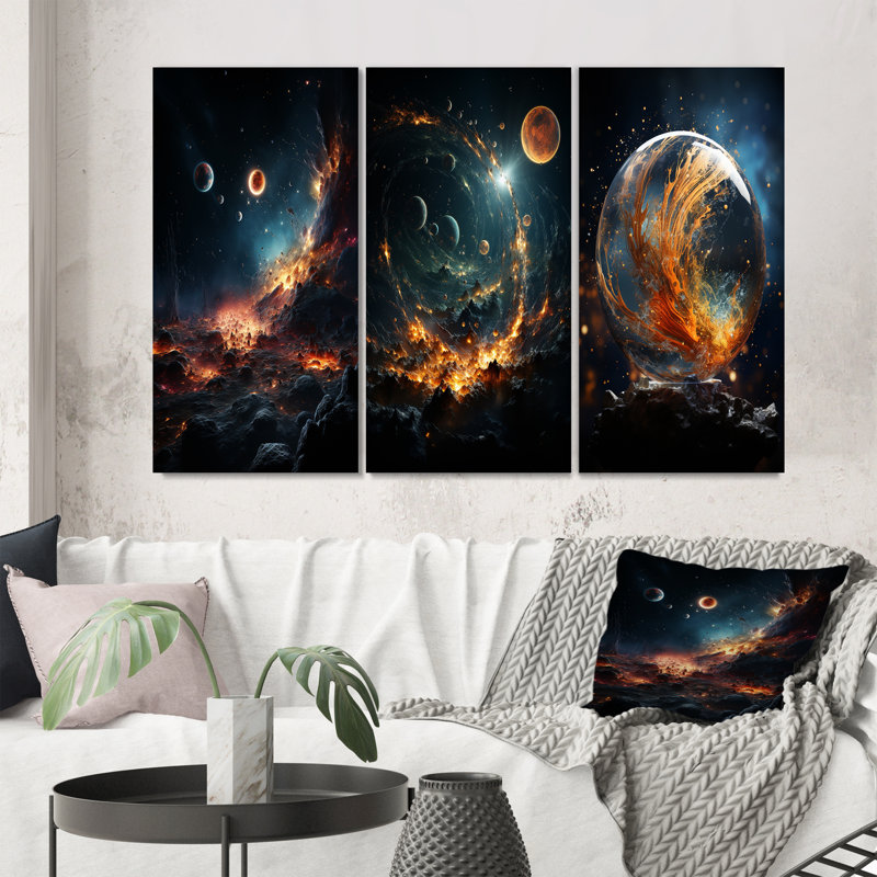 «Galaxies Planets», 3 pièces sur toile, Toile tendue, H 20 po x l 36 po