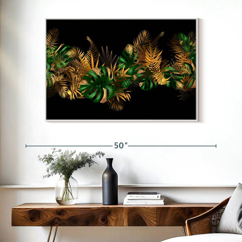 Feuilles dorées et vertes, Cadre flottant blanc, 40 po x 27 po