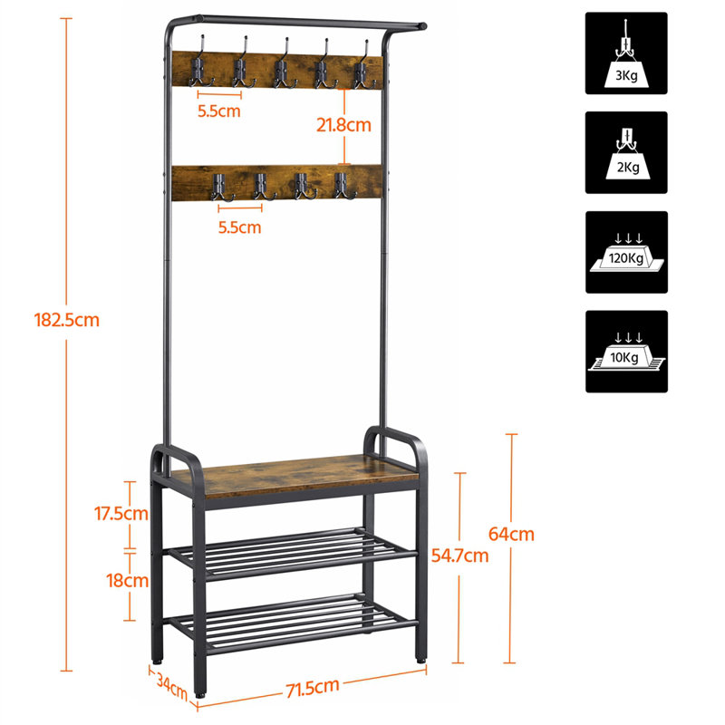 Hall Tree 71.5cm Wide with Bench and Shoe Storage, Rustic Brown