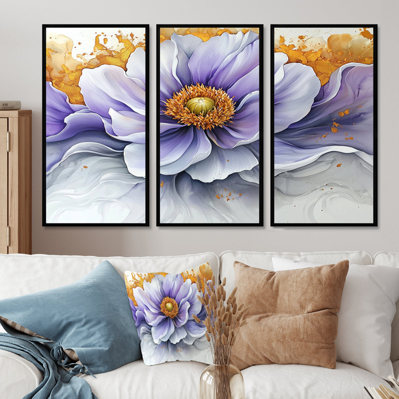 Éclat moderne de Dahlia I - art mural Dahlia - ensemble de 3, H 28 po x l 36 po, Noir, Impression encadrée sans passe-partout