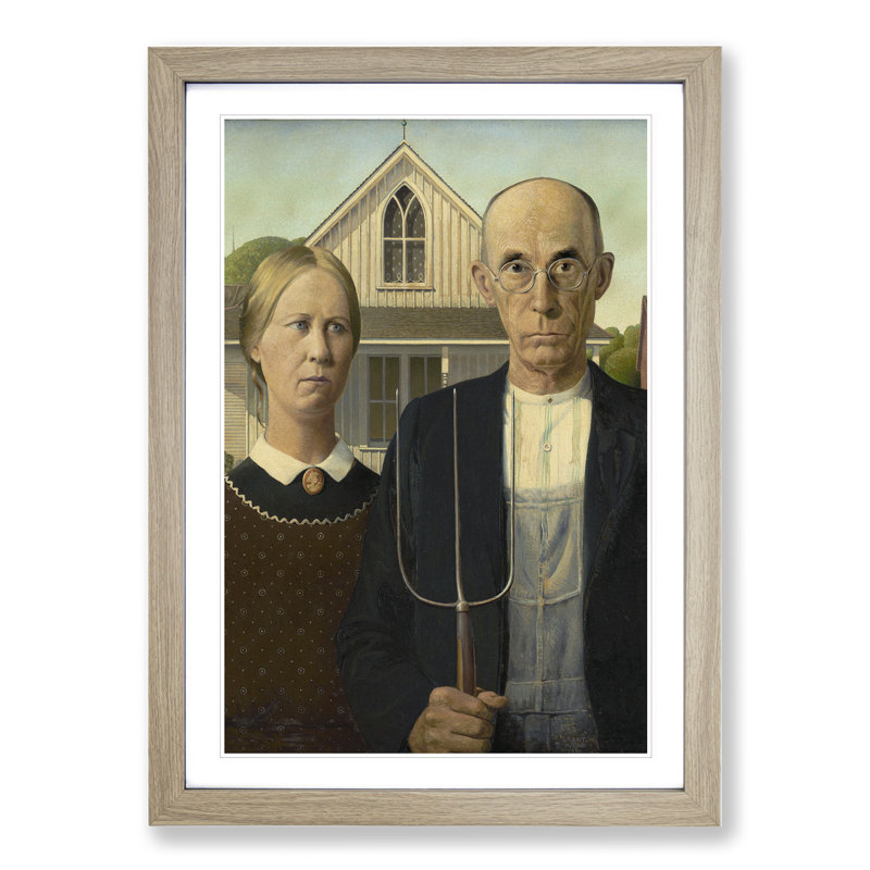 American Gothic by Grant Wood - Picture Frame Painting, 65cm H x 48cm W x 2cm D, Oak Framed