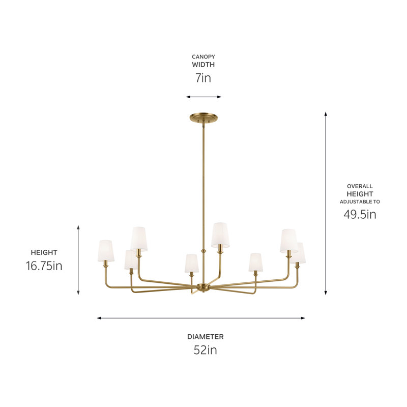Brushed Brass 8-Light Chandelier with White Tapered Shades