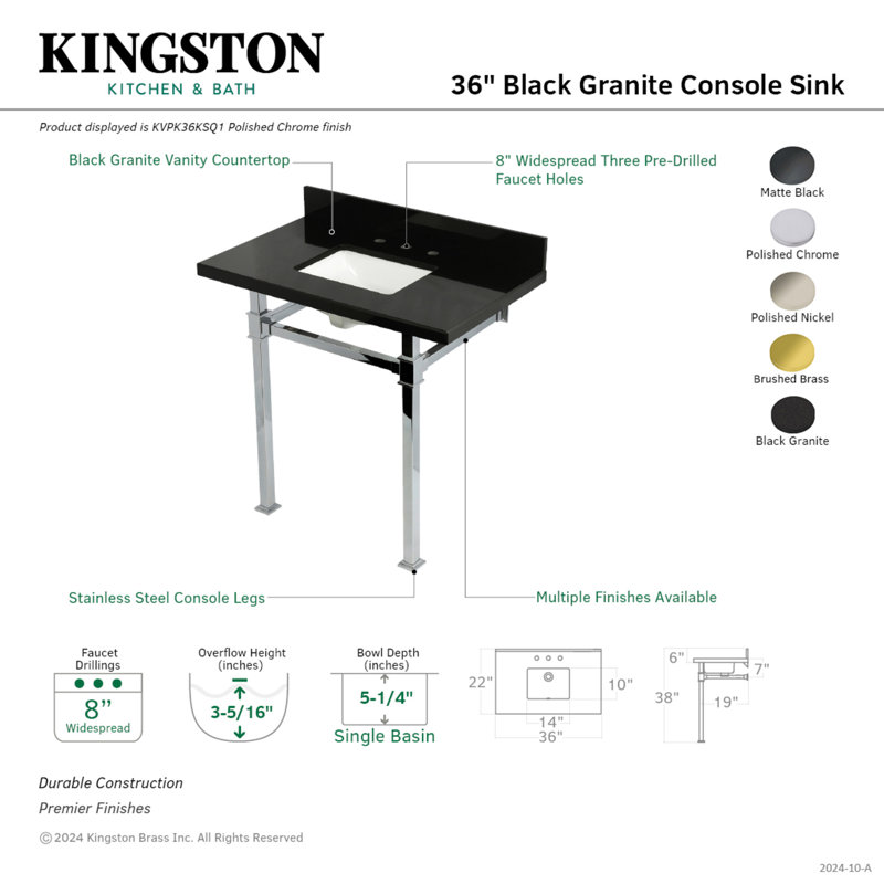 Kingston Brass Monarch 36-Inch Black Granite Console Sink with Stainless Steel Legs (8-Inch, 3-Hole), Polished Nickel