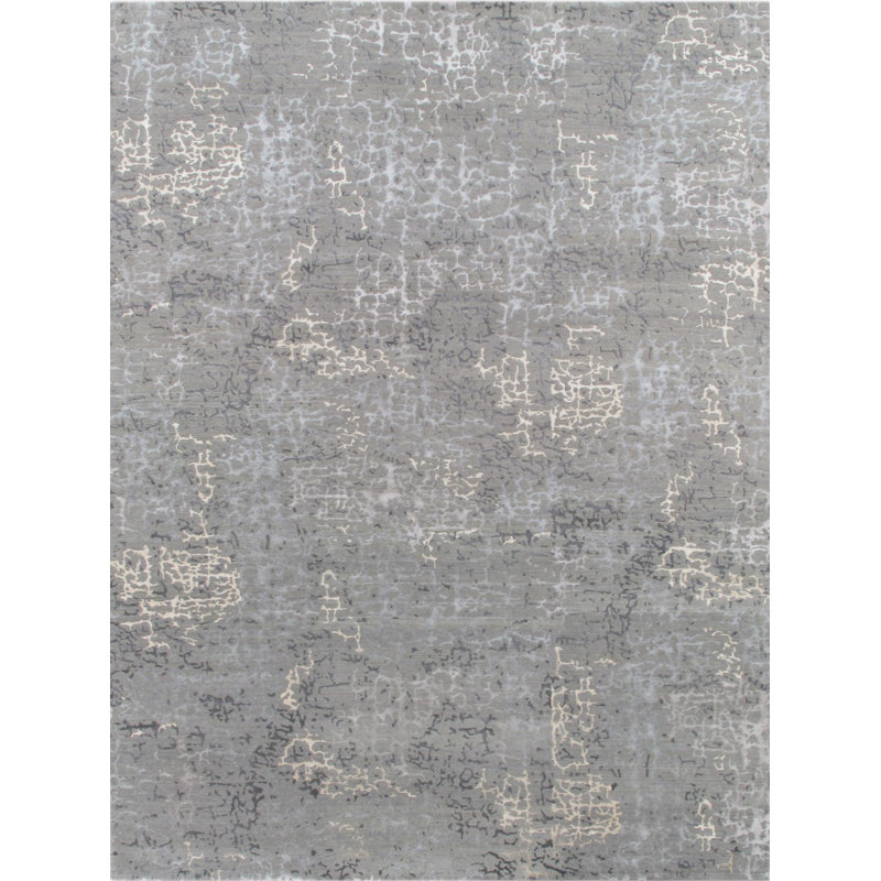 Tapis gris / blanc en laine / soie abstrait noué à la main, Rectangle 2 pi x 3 pi