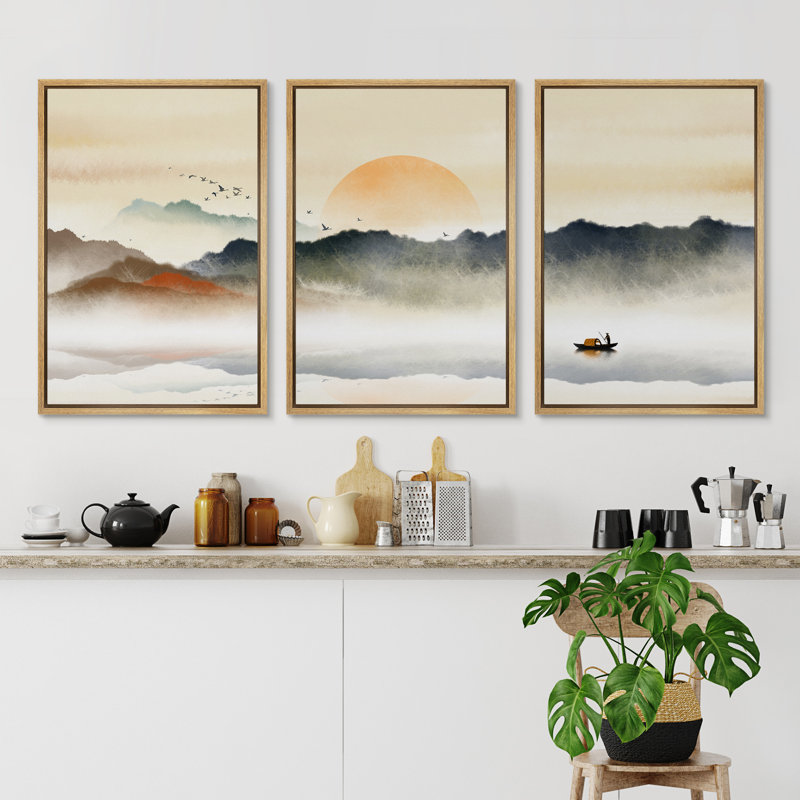 «Abstract Landscape Rising Sun Misty Ocean Mountain», peinture sur toile 3 pièces, H 24 po x l 48 po, Cadre naturel flottant